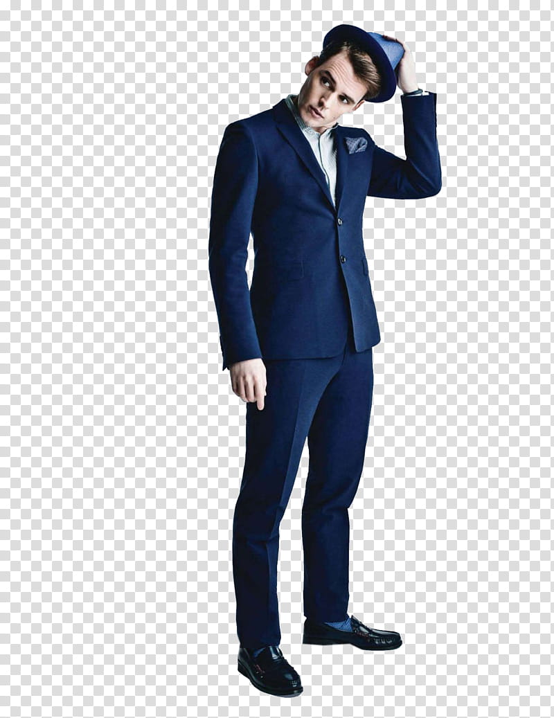 Sam Claflin, man wearing blue tuxedo with hat transparent background PNG clipart
