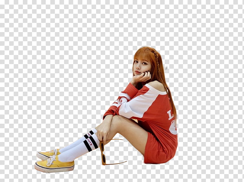 LISA BLACKPINK, woman wearing red and white long-sleeved shirt sitting transparent background PNG clipart