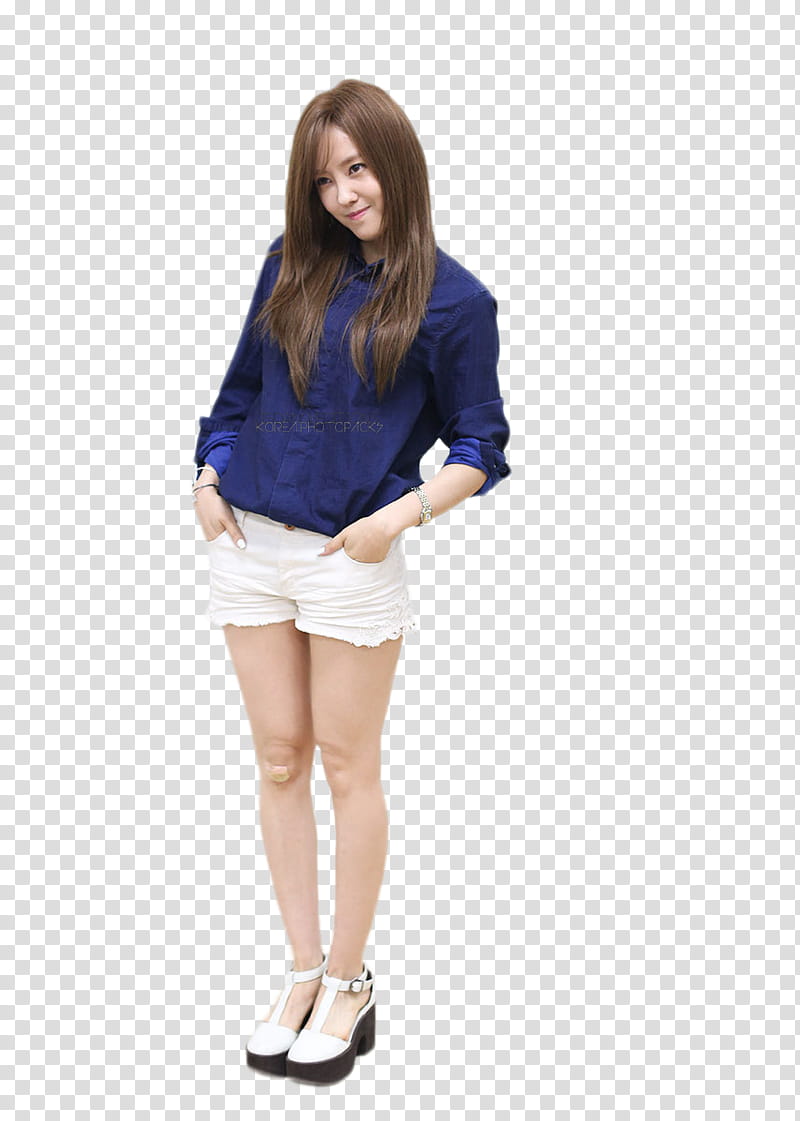 Hyomin T ARA , standing woman wearing blue blouse and white short shorts transparent background PNG clipart