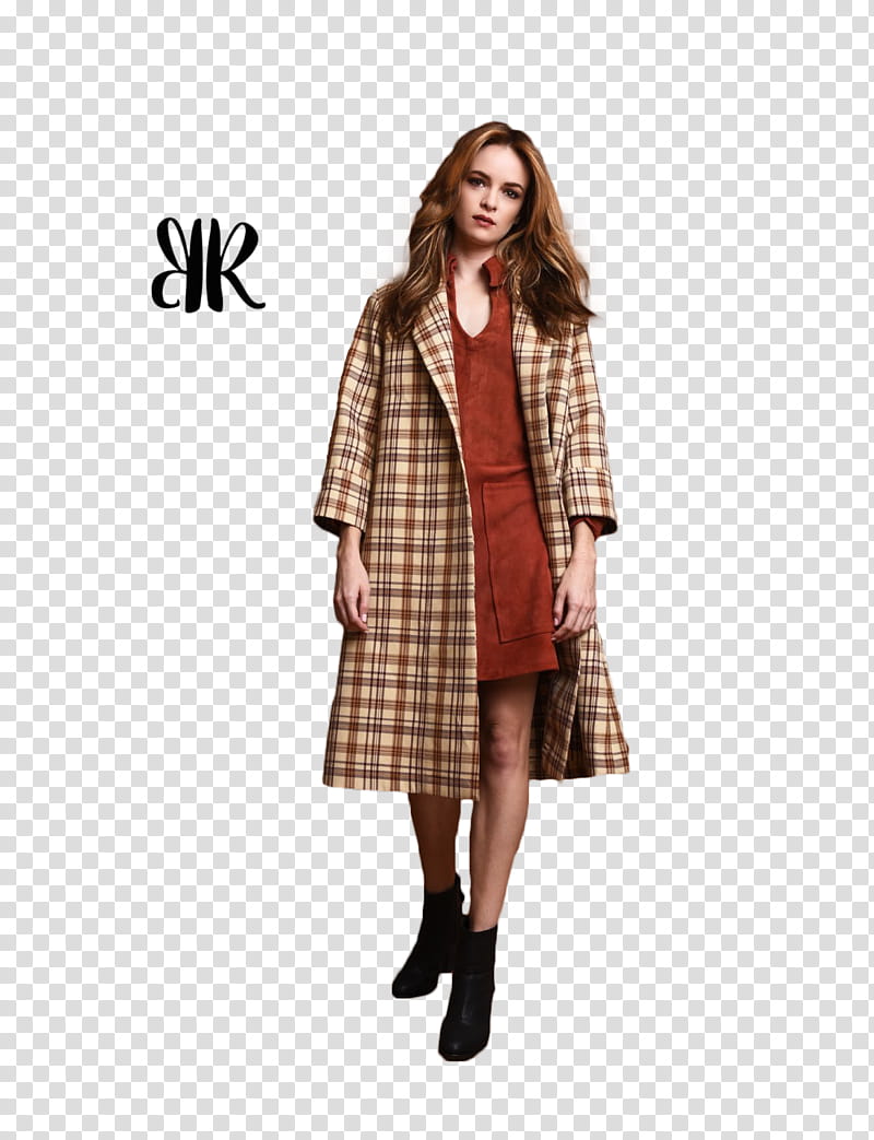 DANIELLE PANABAKER, woman in red inner dress and brown plaid coat standing transparent background PNG clipart