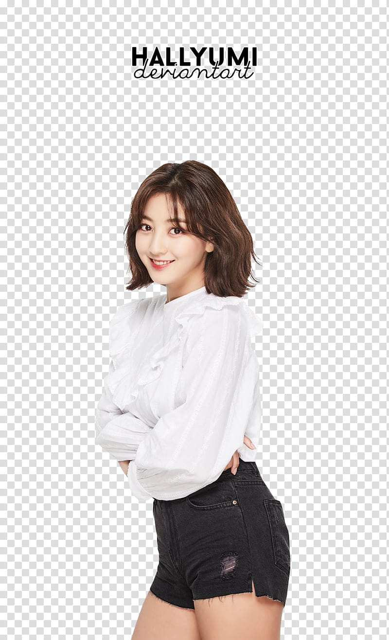 Jihyo, Twice member wearing white long-sleeved shirt and black short shorts transparent background PNG clipart