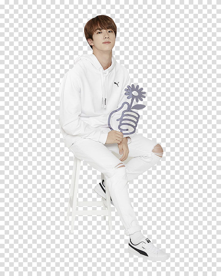 BTS, BTS Jimin in white Puma jacket and pants sitting on white wooden chair transparent background PNG clipart