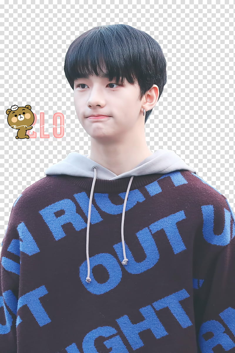 Stray Kids Hwang HyunJin, man wearing maroon and blue pullover hoodie transparent background PNG clipart