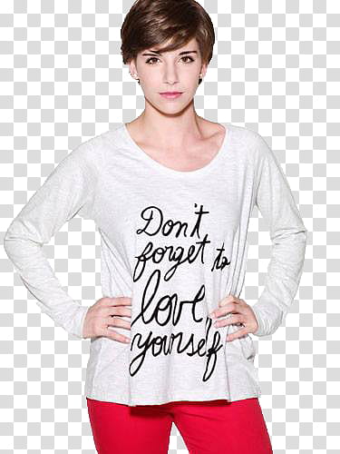 woman in white crew-neck long-sleeved shirt and red bottoms transparent background PNG clipart