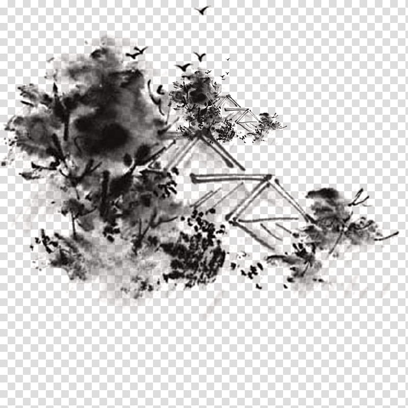 Ink Brush, Ink Wash Painting, Shan Shui, Motif, Gongbi, Feeling From Mountain And Water, Black And White
, Tree transparent background PNG clipart