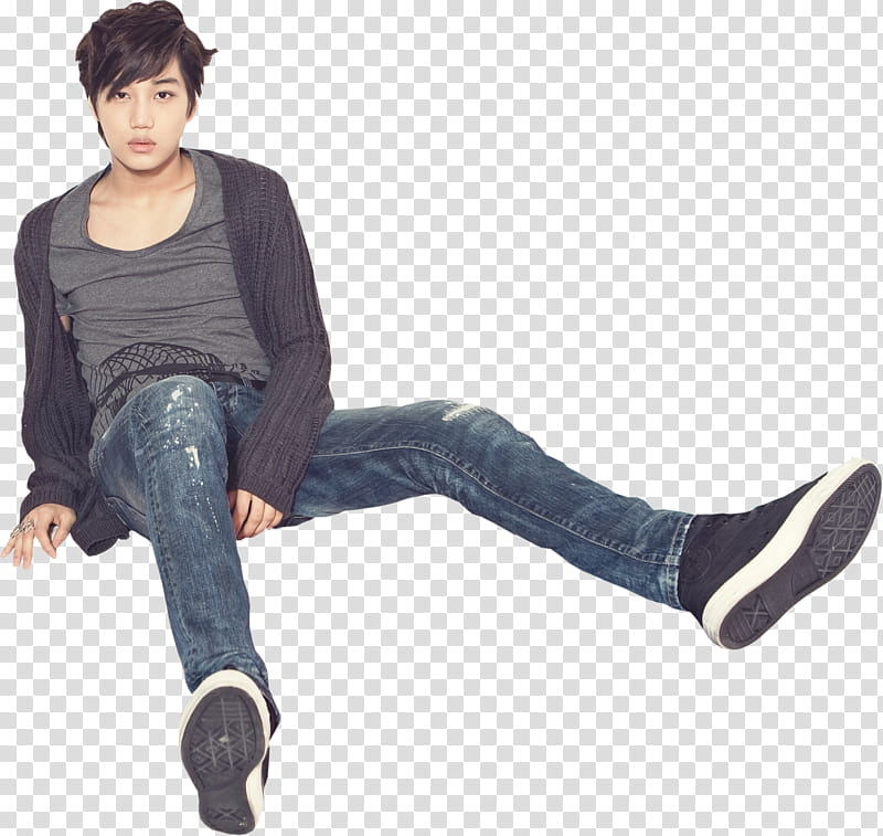 EXO K Kai, Kim Jongin wearing gray scoop-neck t-shirt and blue denim jeans sitting transparent background PNG clipart