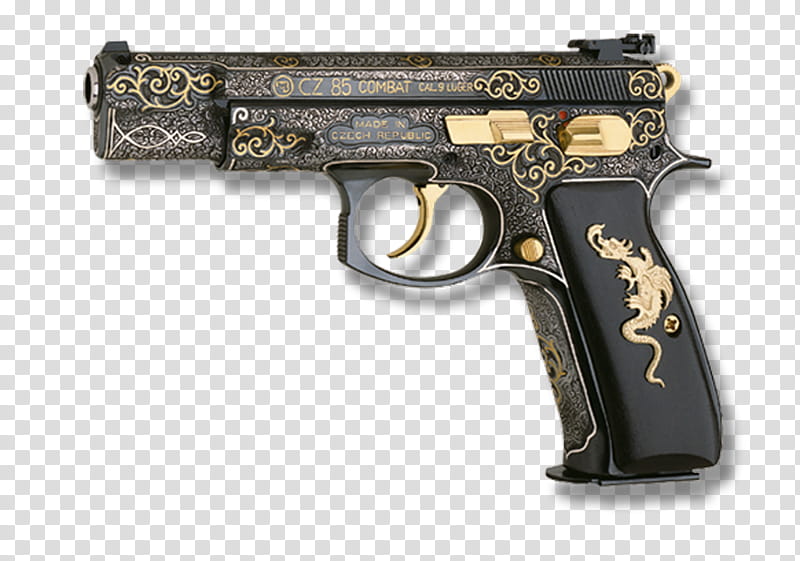 Gun, black and gold semi-automatic pistol transparent background PNG clipart