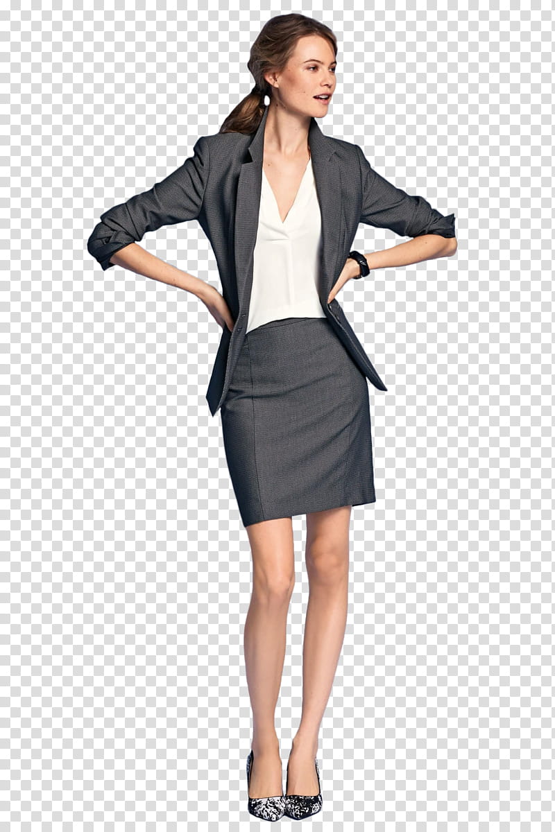 Behati Prinsloo, woman in grey suit jacket, skirt and white dress shirt transparent background PNG clipart
