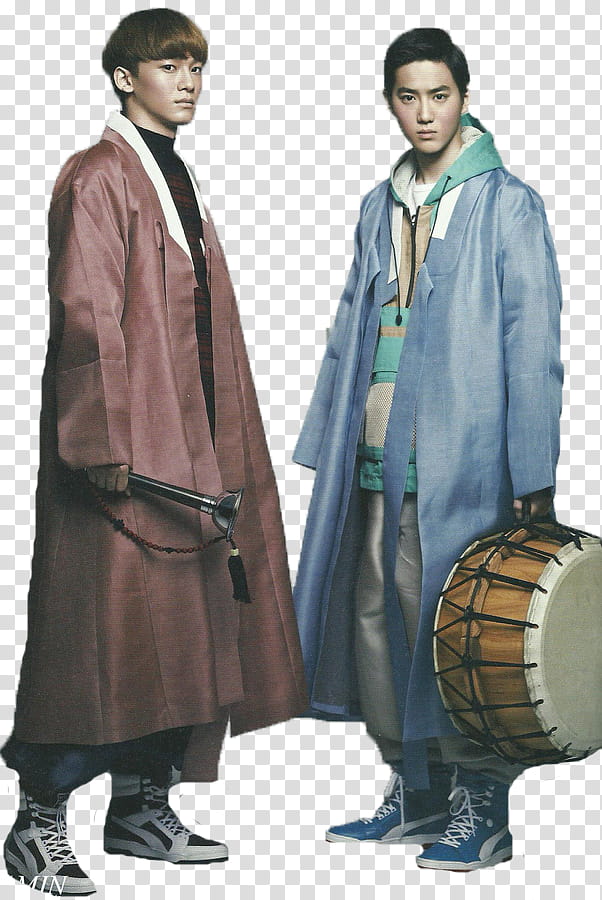 EXO THE CELEBRITY SCANS, man wearing coat standing beside another man carrying ethnic drum instrument transparent background PNG clipart