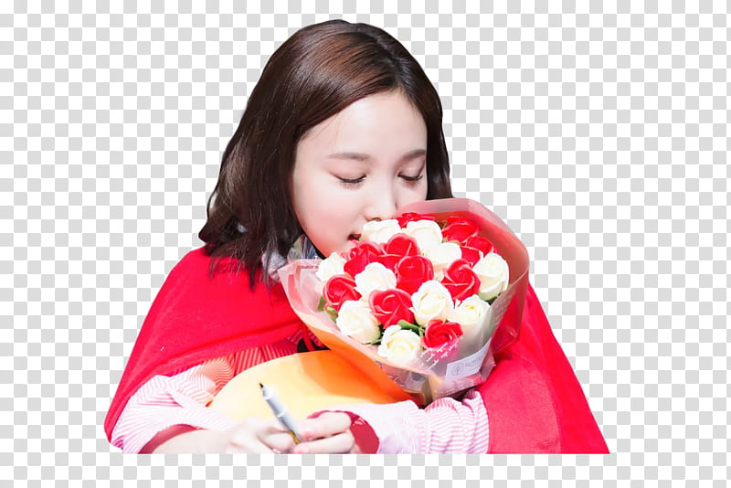 NAYEON TWICE, woman smelling flowers transparent background PNG clipart