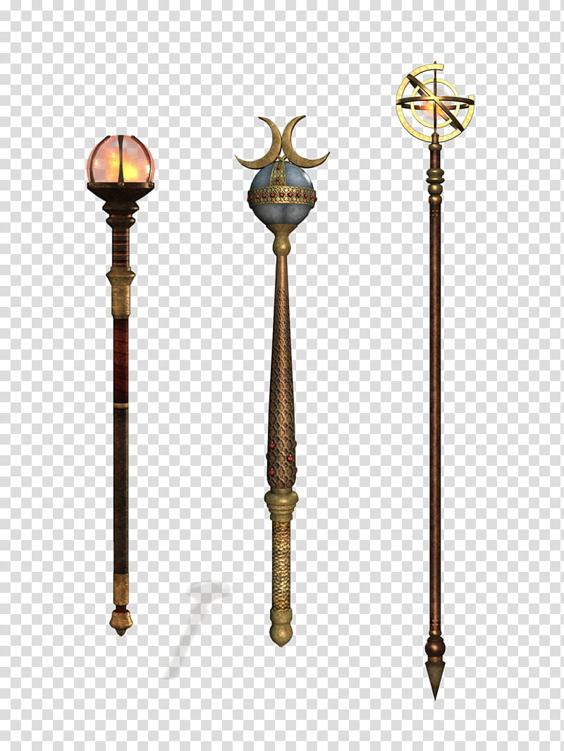 UNRESTRICTED Staves Collection , three brass-colored wands transparent background PNG clipart
