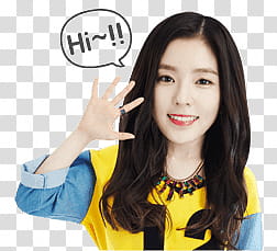 Red Velvet irene kakao talk emoji, woman in yellow and blue top transparent background PNG clipart