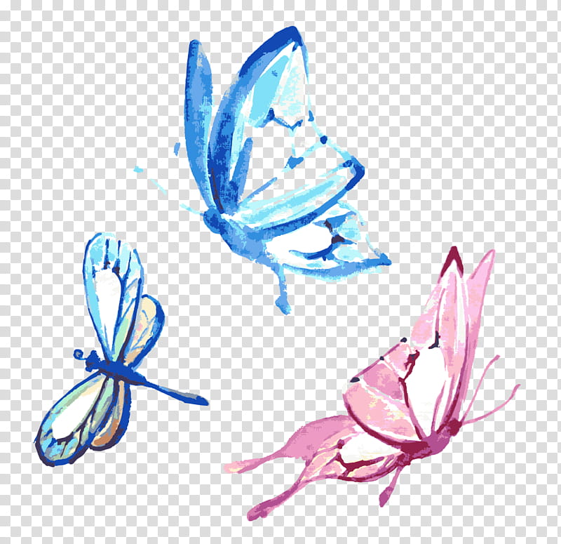 blue and pink butterflies and dragonfly illustration transparent background PNG clipart