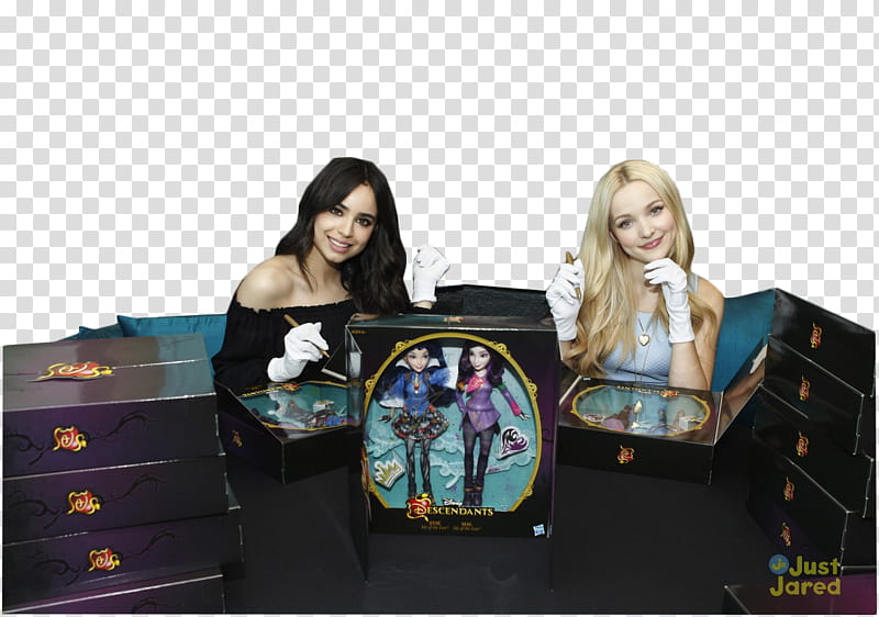 Sofia Carson y Dove Cameron, two women sits behind table with of dolls transparent background PNG clipart