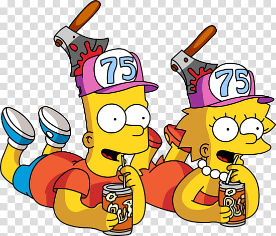 The power of TV, Bart and Lisa Simpson wearing ax  caps sipping drink illustration transparent background PNG clipart