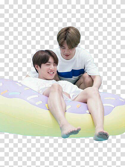 Jikook Summer age BTS, two men sitting on doughnut floater transparent background PNG clipart