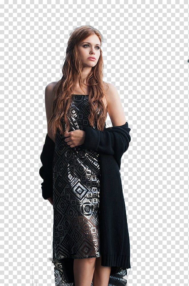 Holland Roden, woman in black and white dress transparent background PNG clipart