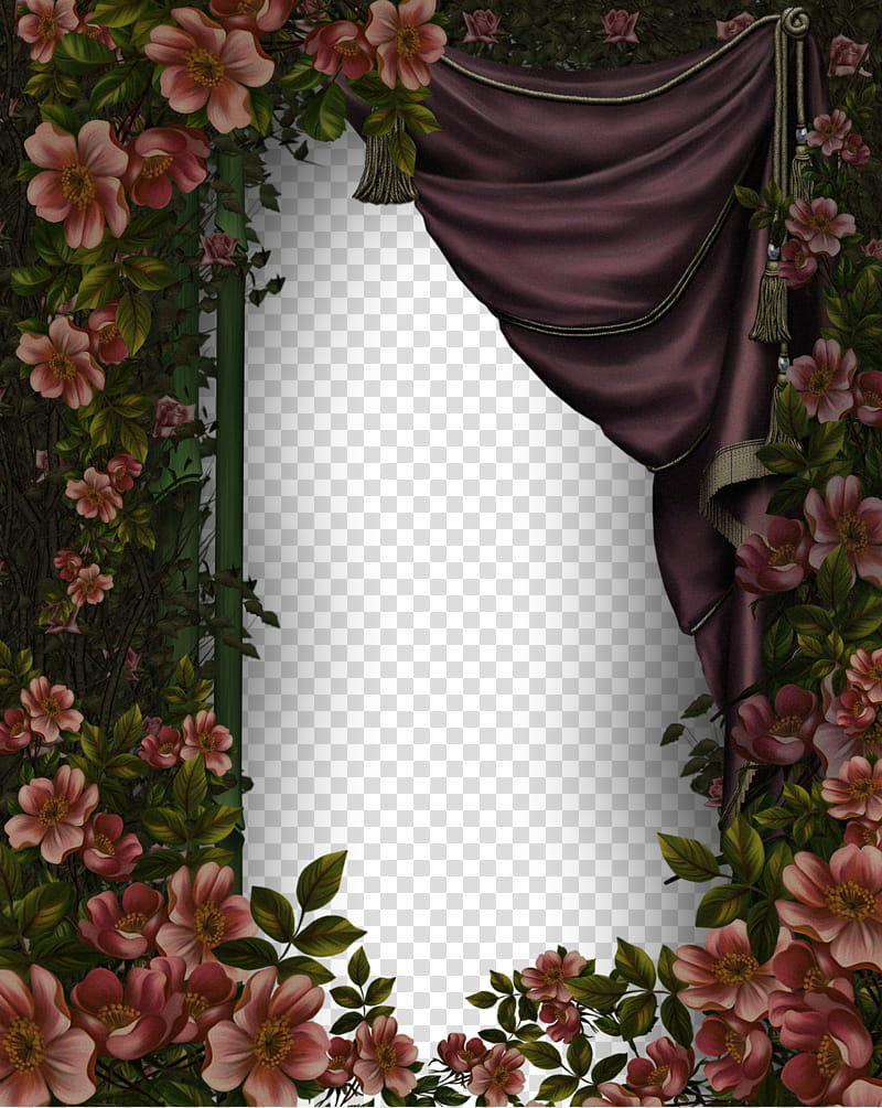 flower and curtain frame, pink petaled flower border transparent background PNG clipart