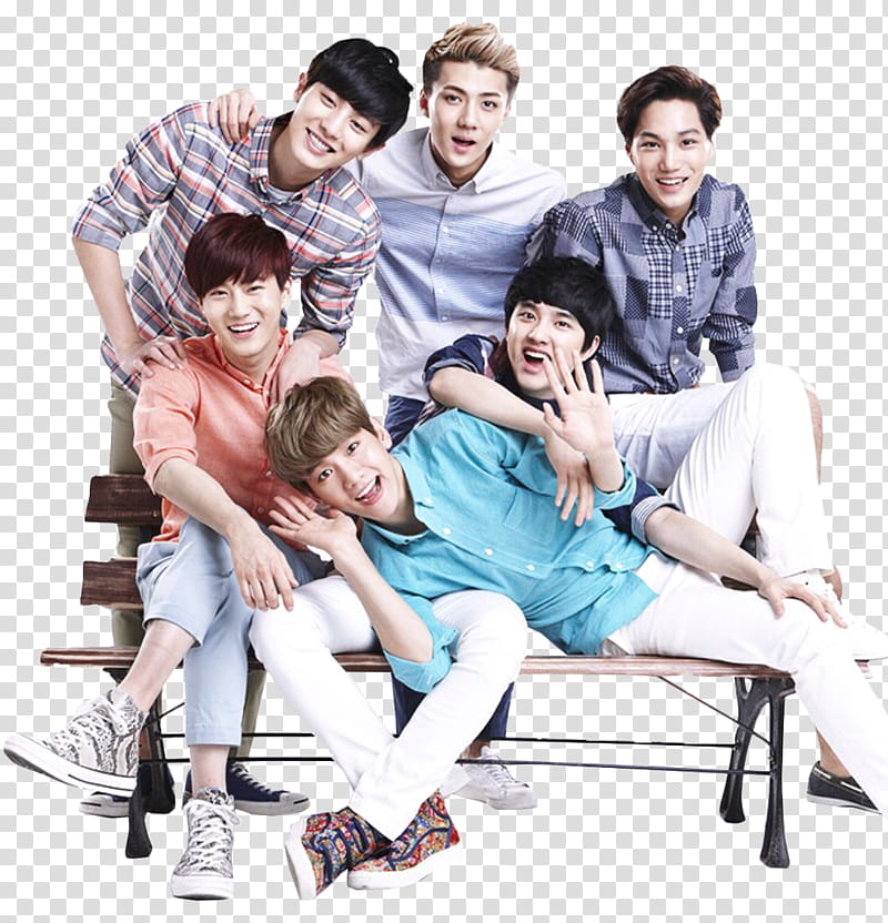EXO LOTTE , EXO boy group sitting and standing on bench transparent background PNG clipart