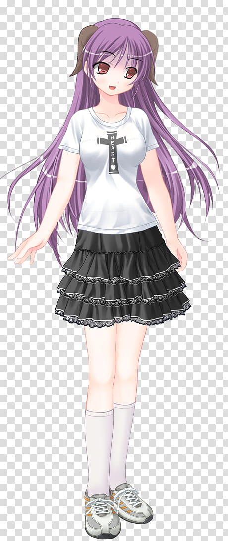 Sketch Character Sprite, purple haired woman in white tee shirt and black skirt transparent background PNG clipart