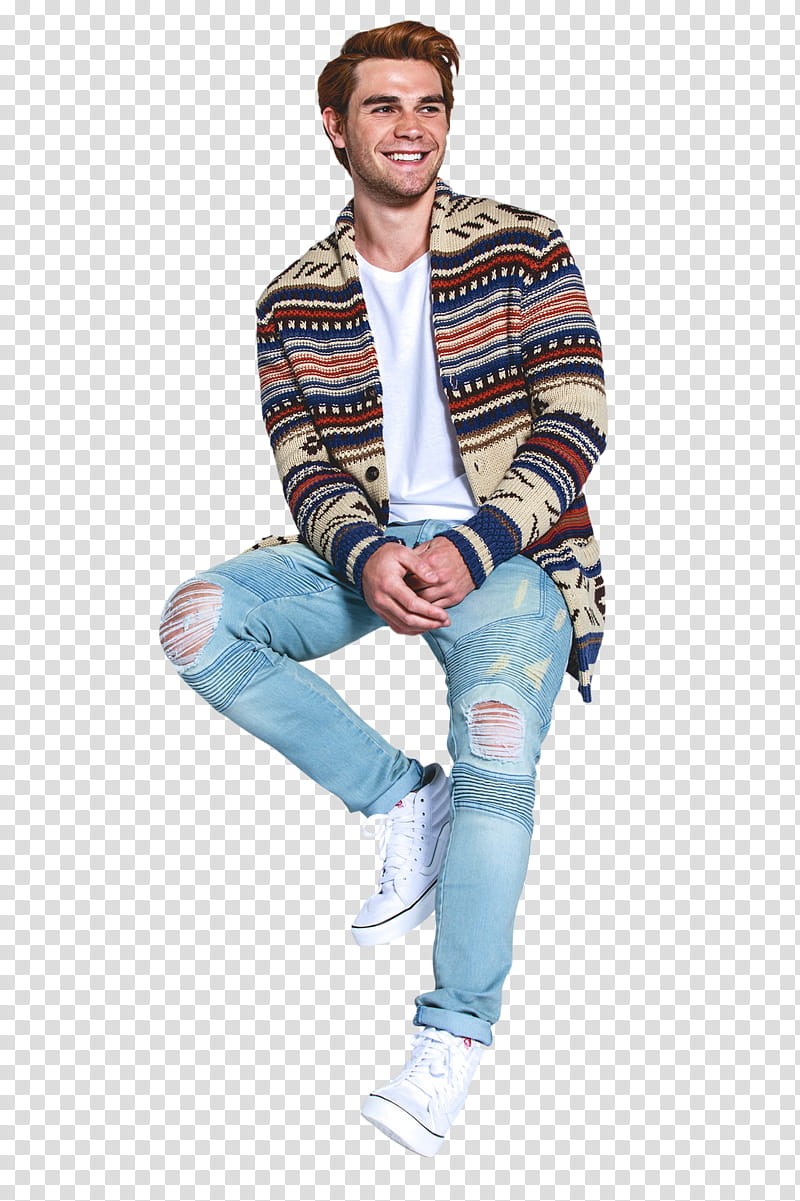 KJ Apa, man wearing multicolored jacket while smiling transparent background PNG clipart
