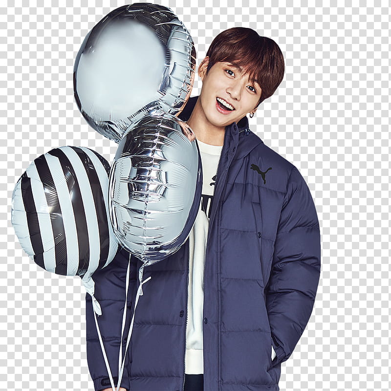 BTS PUMA KR, man holding three gray balloons transparent background PNG clipart