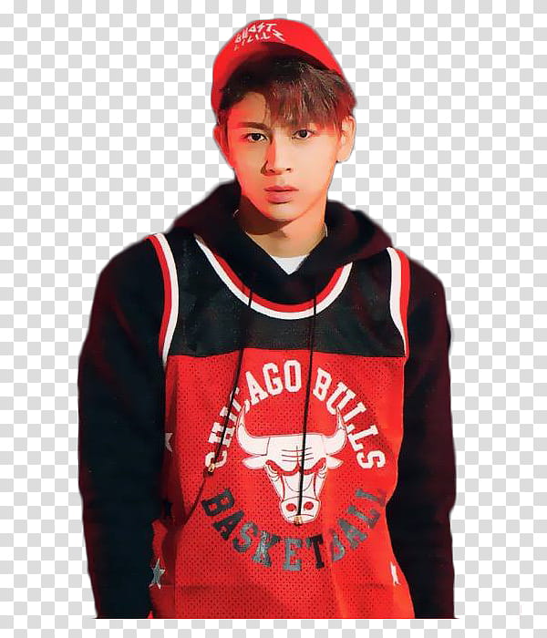 iKON WELCOME BACK, man standing wearing black and red Chicago Bulls shirt transparent background PNG clipart