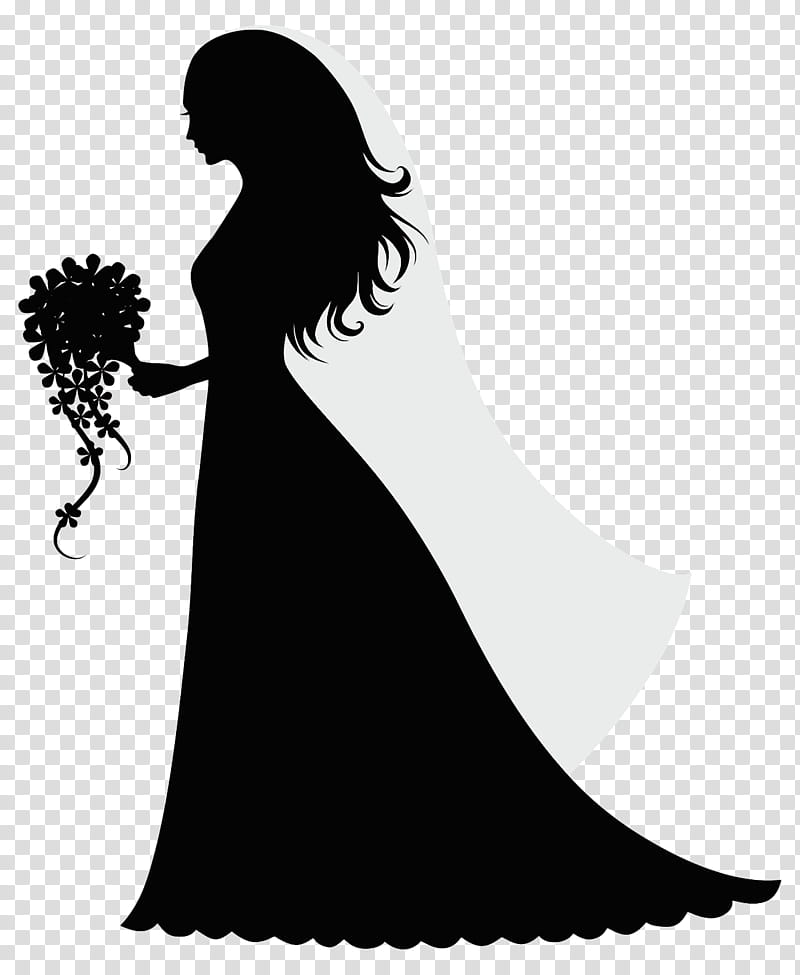 silhouette dress gown black-and-white long hair, Blackandwhite, Black Hair, Style transparent background PNG clipart