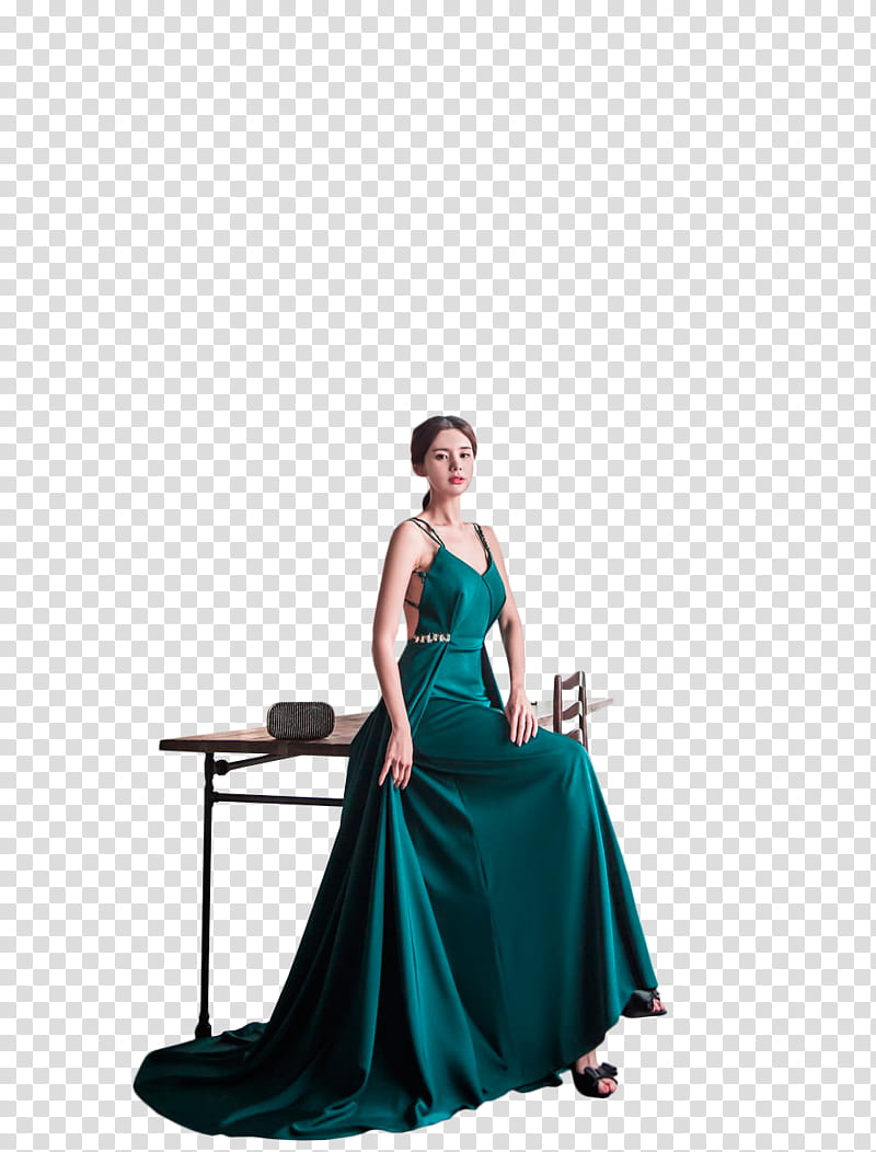 YEON SIL, woman wearing green spaghetti strap dress transparent background PNG clipart