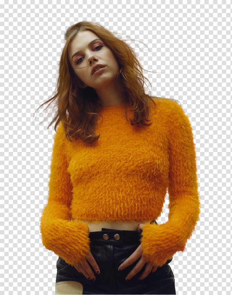 Hannah Murray, woman standing in yellow sweater transparent background PNG clipart