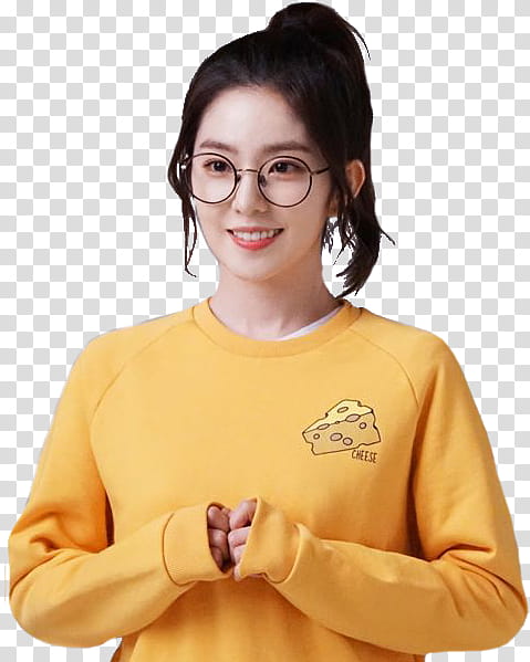 Red Velvet Irene, smiling woman wearing yellow sweat shirt and eyeglasses transparent background PNG clipart
