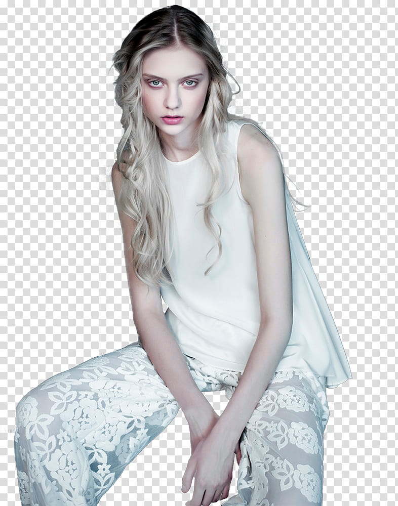 Nastya Kusakina, woman wearing white silk top and lace pants transparent background PNG clipart