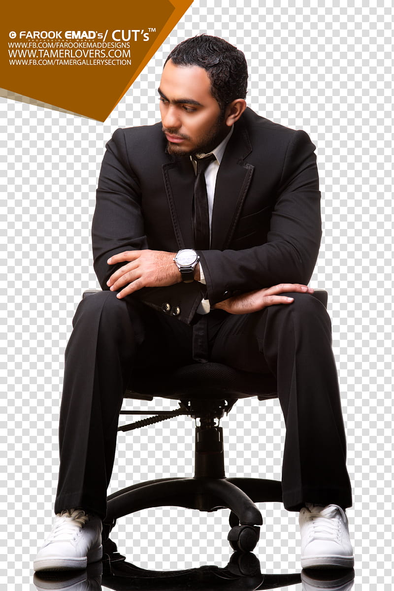 Ha esh Hayati , man wearing black blazer and pants sitting on chair transparent background PNG clipart