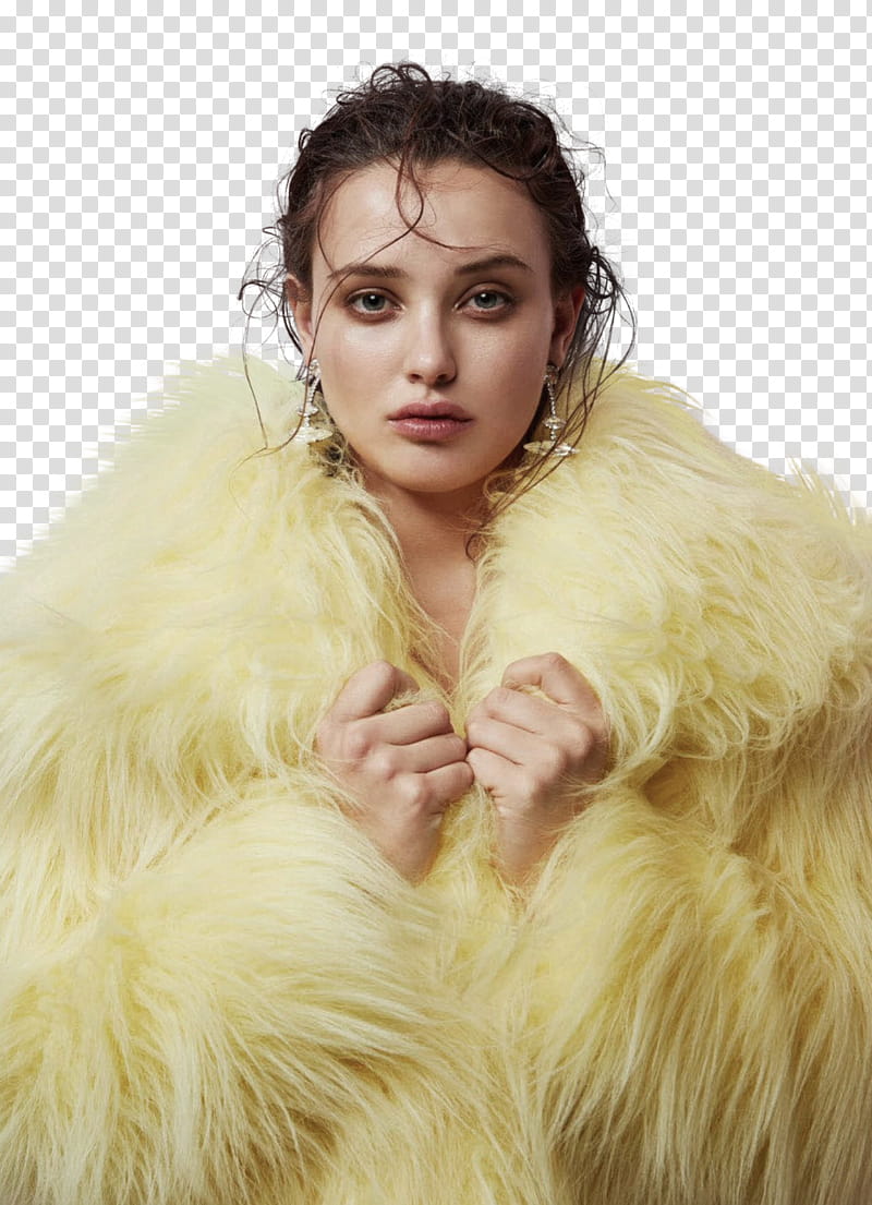 Katherine Langford, woman wearing yellow fuzzy coat transparent background PNG clipart
