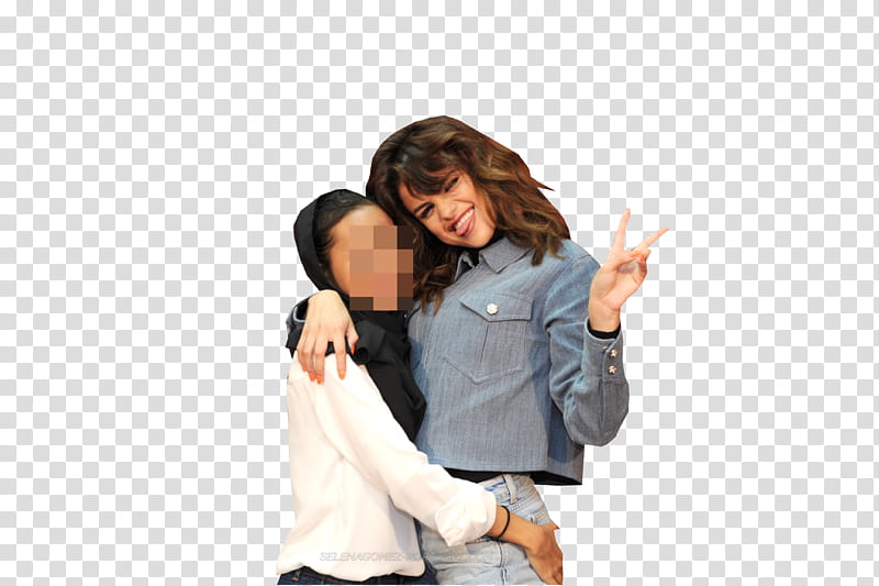 Selena Gomez, Selena Gomez hugging woman while making peace sign using left hand transparent background PNG clipart