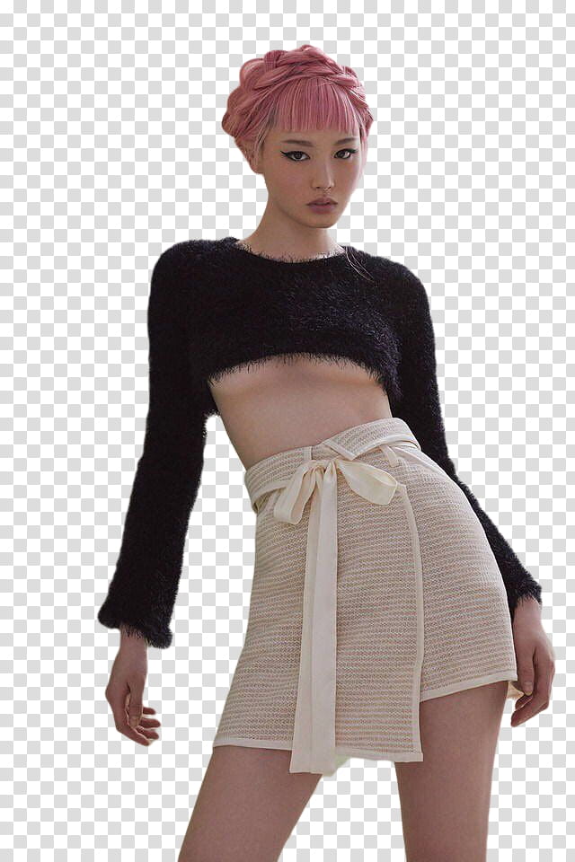 Fernanda Ly, woman wearing black long-sleeved crop-top and white miniskirt transparent background PNG clipart
