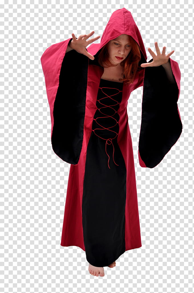 Medieval red , standing woman wearing red and black wizard costume transparent background PNG clipart