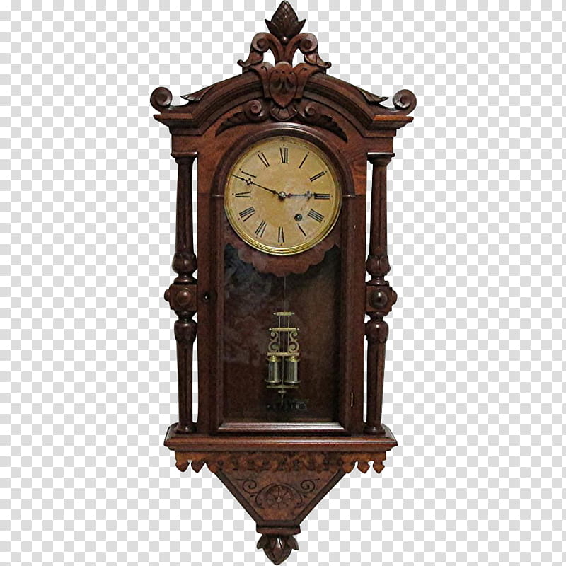Vintage, brown wooden pendulum clock transparent background PNG clipart