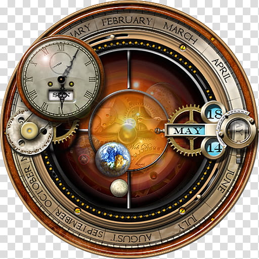 Steampunk Orrery Calendar Clock Yahoo Widget MkII, round copper-colored chronograph watch illustration transparent background PNG clipart