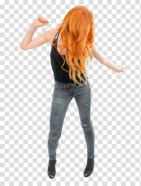 Katherine McNamara, woman in black tank top and distressed gray jeans transparent background PNG clipart