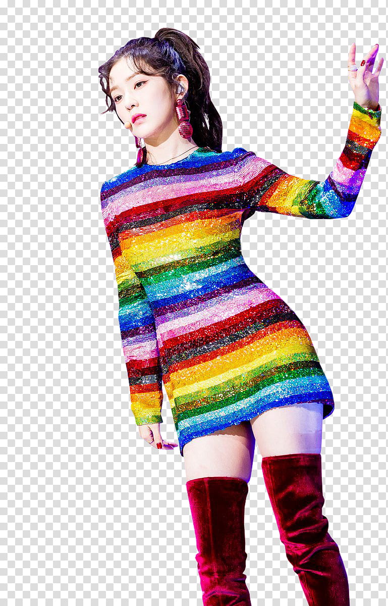 Irene  WrappedInPolythene, woman in multicolored striped long-sleeved minidress transparent background PNG clipart