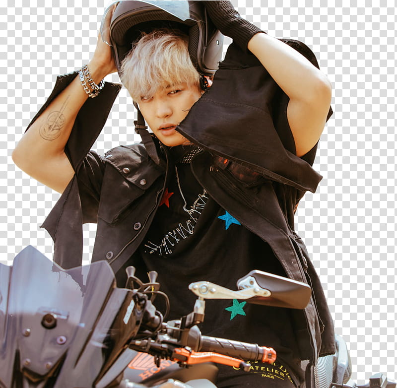 Chanyeol EXO DMUMT, man holding helmet riding motorcycle transparent background PNG clipart
