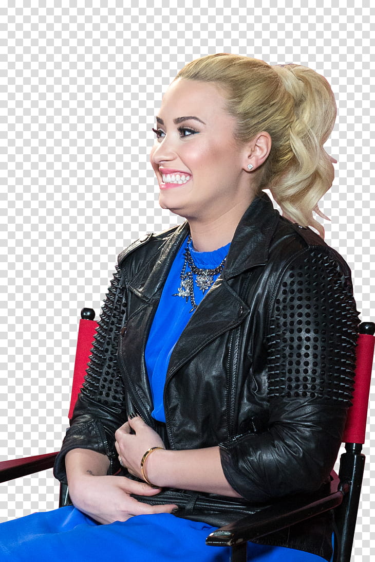 Demi Lovato, smiling Demi Lovato sitting on chair transparent background PNG clipart