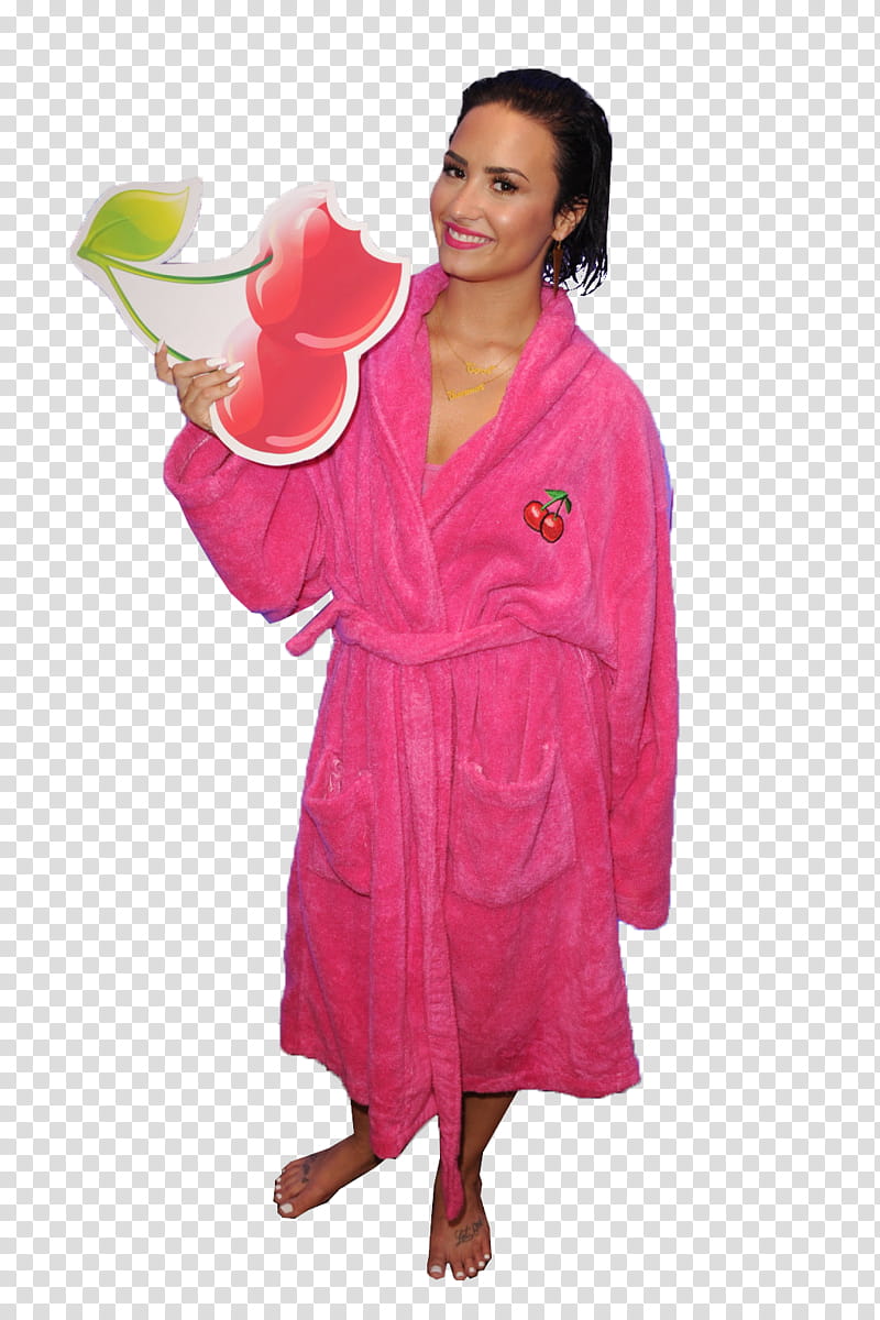 Demi Lovato, Demi Lovato wearing pink robe standing and smiling transparent background PNG clipart