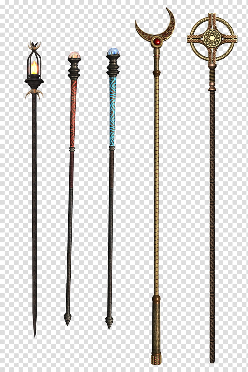 UNRESTRICTED Staves Collection , five assorted-color handheld weapons transparent background PNG clipart