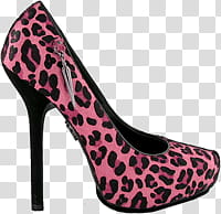 Girly Cute Stuff, unpaired women's black and pink leopard-print leather stiletto pump transparent background PNG clipart