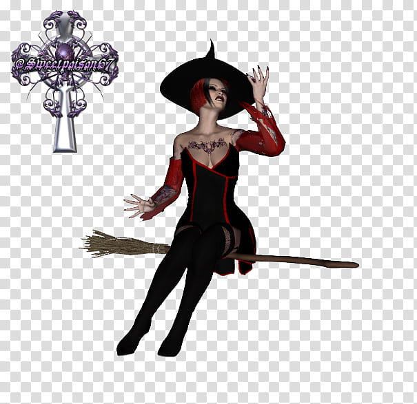 witch red, D witch on broom transparent background PNG clipart