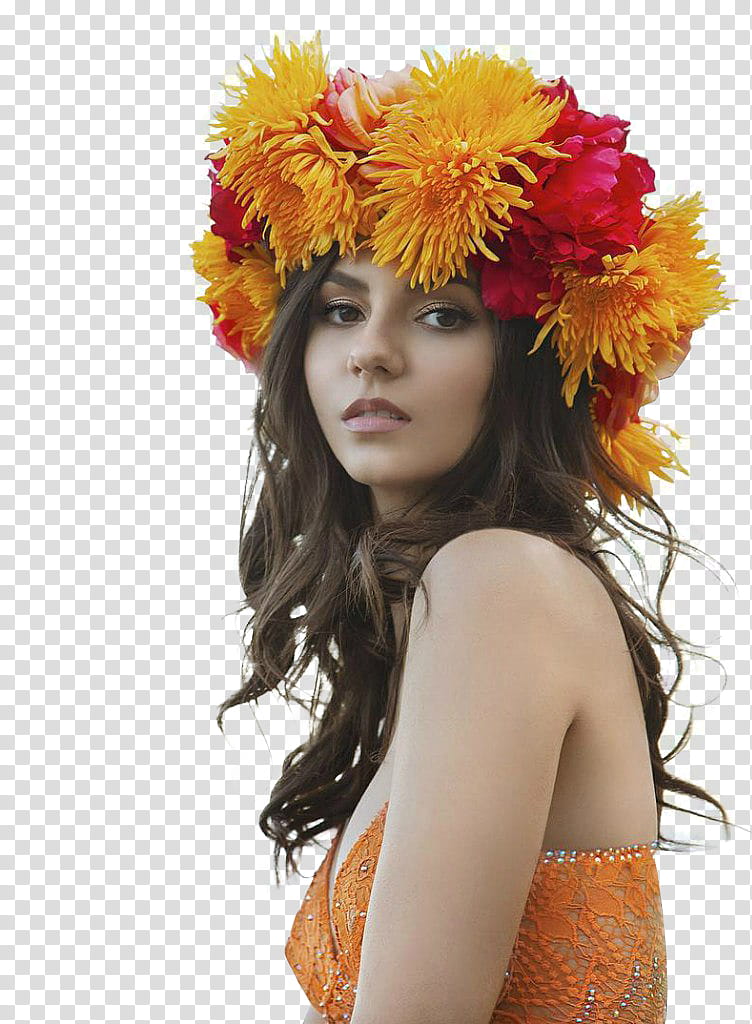 Victoria Justice, woman wearing yellow and red floral headdress and orange floral sleeveless top transparent background PNG clipart