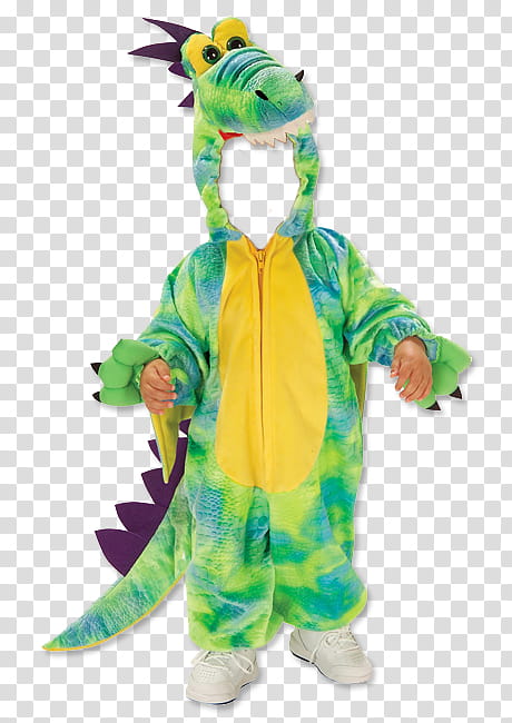Kids, children's green and yellow dinosaur hooded jumpsuit transparent background PNG clipart