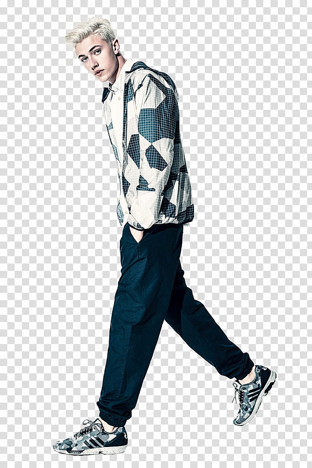 Lucky Blue Smith, man wearing white and gray jacket, black pants, and black-and-gray Adidas sneakers transparent background PNG clipart